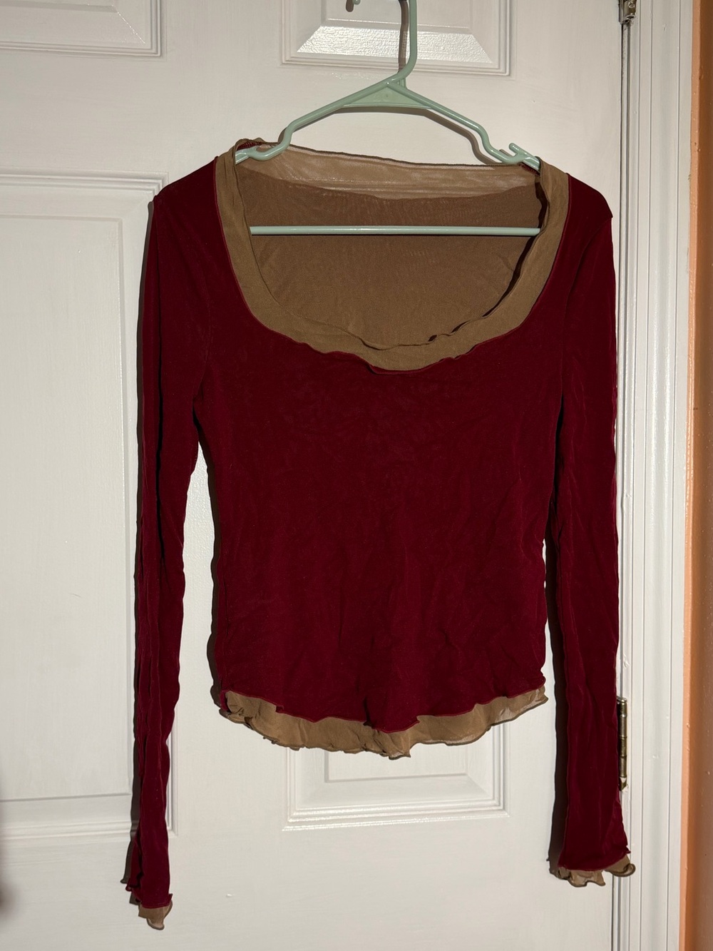 Free People Layered Scoop Neck Long Sleeve Top - Burgundy with Tan
